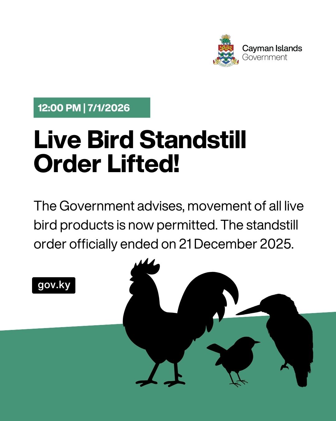 Cayman: Standstill Order Lifted: Movement of Live Bird Products Now Permitted
